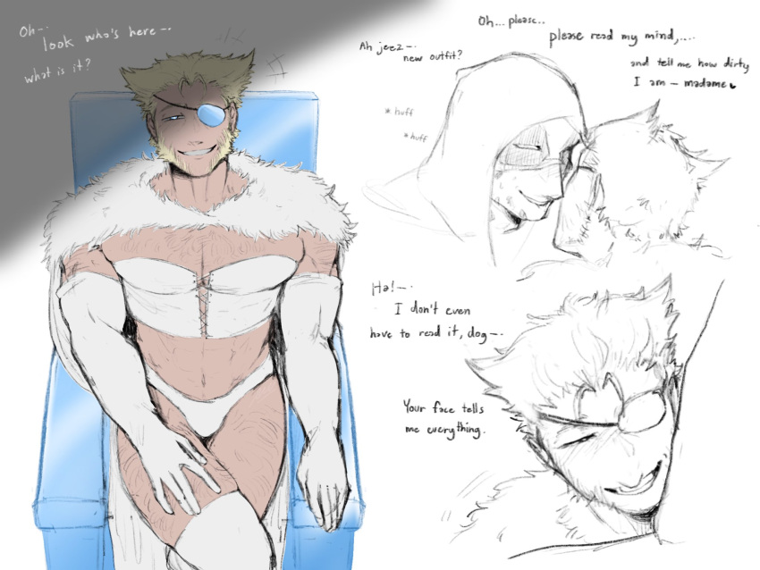 Rule 34 – 2boys baimonbluewhale blonde hair blush chest hair corset cosplay cross-laced clothes deadpool elbow gloves emma frost (cosplay) english text eyepatch facial hair fur cape gay hairy hood up leg hair male marvel marvel comics mask lift patch (wolverine) revealing clothes sitting smile thigh boots white boots wolverine (x-men) x-men yaoi | 11653668