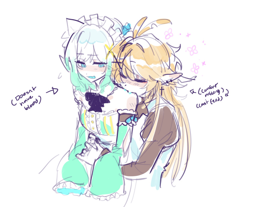 Rule 34 – 0rcazone 2girls bare shoulders bite mark biting biting shoulder blonde hair blue blood blush body blush closed eyes clothed clothing cross earrings description dokibird dokibird (bounty hunter) duo earrings ectoplasm english text female fully clothed ghost ghost girl hugging hugging from behind hugging waist human indie virtual youtuber label light-skinned female light skin long hair maid maid headdress maid uniform medium hair mint fantome nibbling pointy ears short hair shoulders simple background skin fang small breasts standing standing behind text two tone hair vampire vampire fangs vampire girl very long hair vest virtual youtuber vtuber waist up white background | 11582348