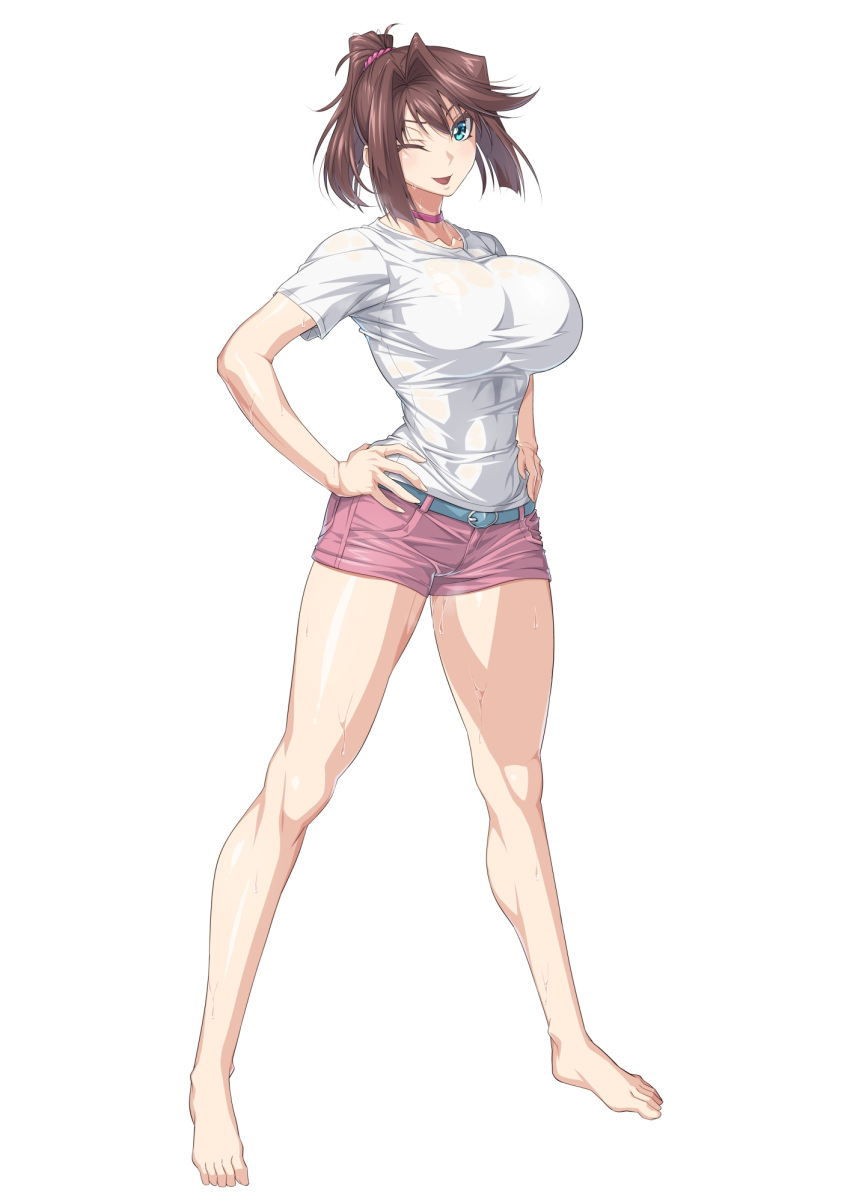 Rule 34 – bare legs barefoot belt blue eyes breasts brown hair choker cleavage covered navel female grey belt hand on own hip highres large breasts looking at viewer mazaki anzu medium hair one eye closed open mouth ozaneko pink choker pink shorts ponytail shirt short sleeves shorts simple background smile solo sweat wet white background white shirt yu-gi-oh! yu-gi-oh! duel monsters yu-gi-oh! the dark side of dimensions | 11818221