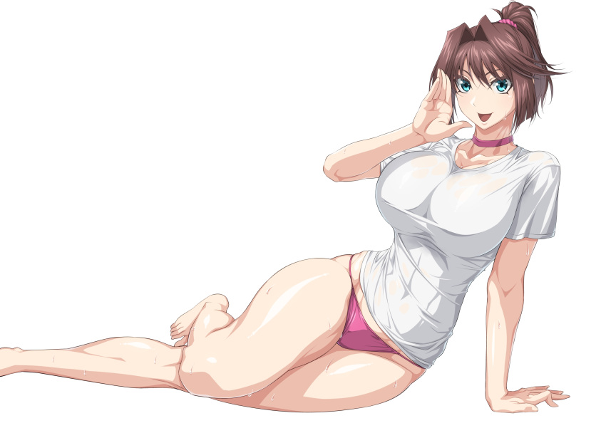 Rule 34 – bare legs barefoot blue eyes breasts brown hair choker covered navel female hand up highres large breasts linea alba mazaki anzu medium hair open mouth ozaneko panties ponytail purple choker purple panties shirt short sleeves simple background smile solo sweat underwear white background white shirt yu-gi-oh! yu-gi-oh! duel monsters yu-gi-oh! the dark side of dimensions | 11818278