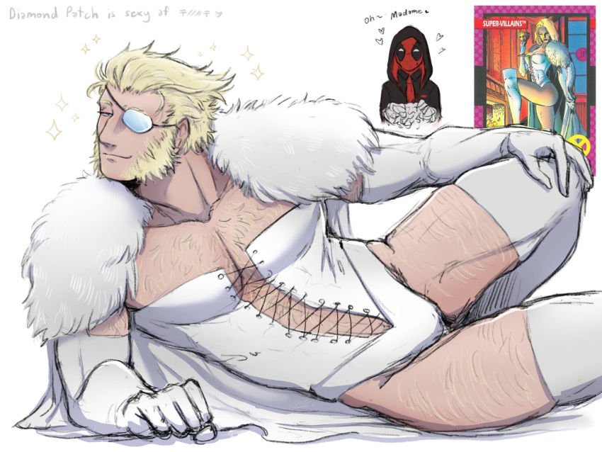 Rule 34 – 2boys baimonbluewhale blonde hair chest hair corset cosplay cross-laced clothes deadpool emma frost (cosplay) english text eyepatch facial hair fur cape gay hairy heart hood up leg hair male marvel marvel comics patch (wolverine) revealing clothes smile thigh boots white boots wolverine (x-men) x-men yaoi | 11407115