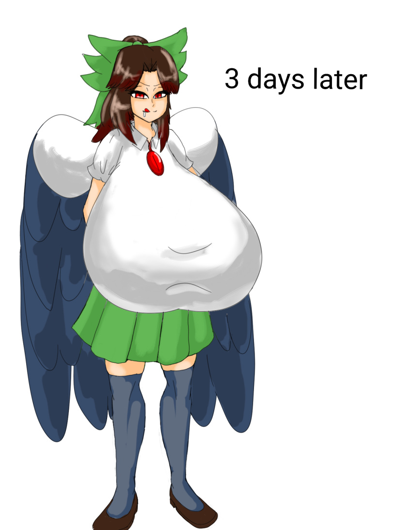 Utsuho Reiuji with hyper breasts, her expression thrilled