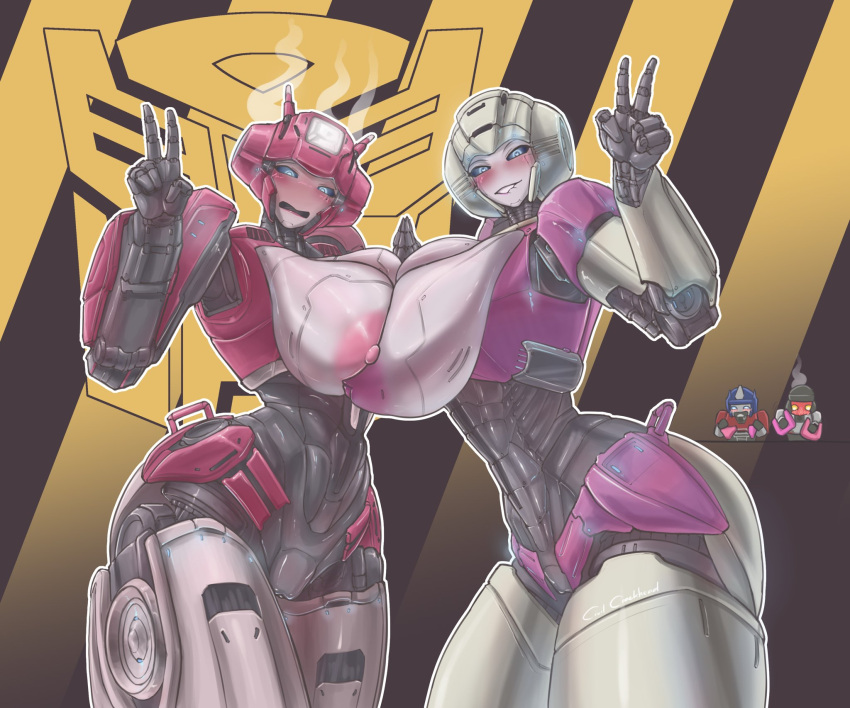 Rule 34 – 2girls arcee blush blushing breasts to breasts breasts together cervilcerkhead elita one lip biting looking at viewer peace sign robot girl transformers transformers one | 11740508