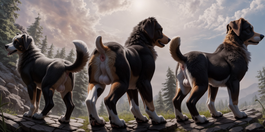 Rule 34 – ai generated anus ass balls black body black fur black lips black nose blp blue sky brown body brown fur canid canine canis cloud day detailed detailed background detailed fur domestic dog dramatic lighting dutch angle evergreen tree feral floppy ears fur genitals glossy fur grass group hi res hill light lighting lips looking away low-angle view male mammal mouth closed multicolored body multicolored fur neck tuft open mouth paws perineum pine tree pink anus pink tongue plant quadruped raised tail rock short tail sky standing three-quarter view tongue tongue out tree trio tuft whisker spots white balls white body white fur white perineum wide hips | 11647765