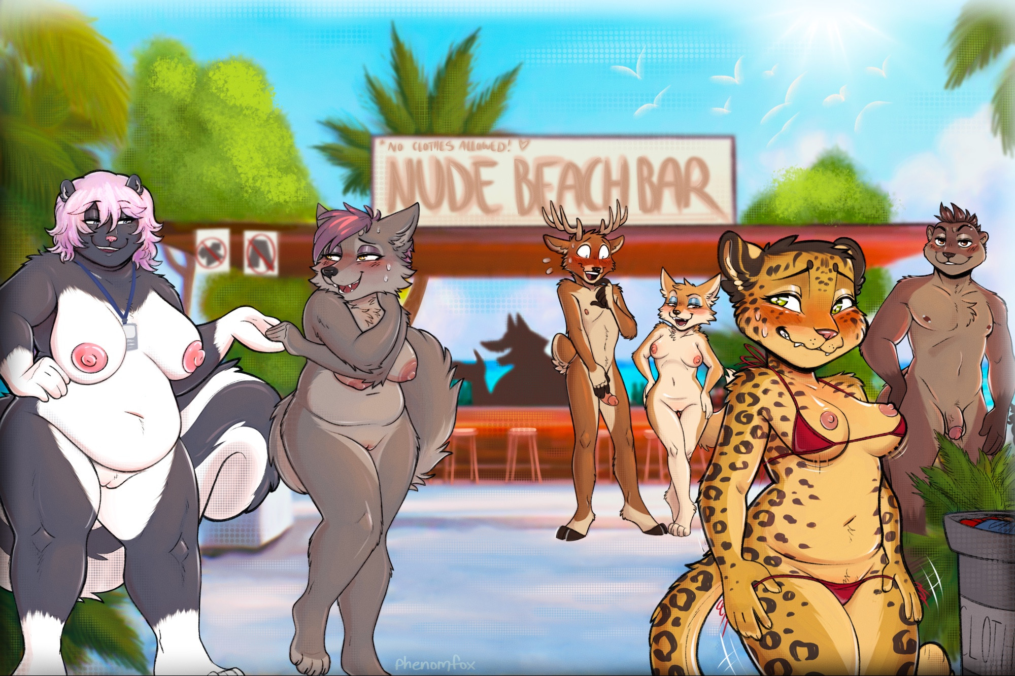 Rule34 – bar bikini bikini_bottom bikini_top blush bodily_fluids breasts canid canine canis casual_nudity clothing covering covering_breasts covering_crotch crossed_legs deer embarrassed exhibitionism eyeshadow felid female fox genitals group hair half-erect hand_holding lanyard leopard makeup male mammal mephitid mustelid nervous_smile nude nude_anthro nude_beach nude_female nude_male nudist otter overweight overweight_female palm_tree pantherine penis phenomfox pink_hair plant public public_nudity shrub sign skunk sweat sweatdrop swimwear trash_can tree two-piece_swimsuit undressing wolf