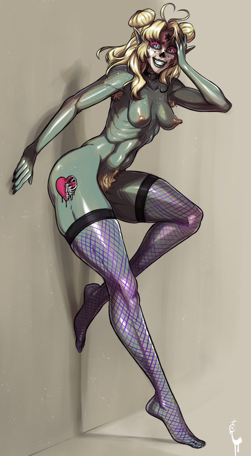 Rule 34 – 1girls areolae armpit hair blonde hair blonde pubic hair breasts face paint female female only fishnet stockings fishnets green eyes green skin hair buns hairy pussy leaning leaning against wall leg tattoo looking at viewer nipples nude nude female pubic hair smiling smiling at viewer solo tattoo thick thighs turtlechan twin buns very high resolution | 12147393