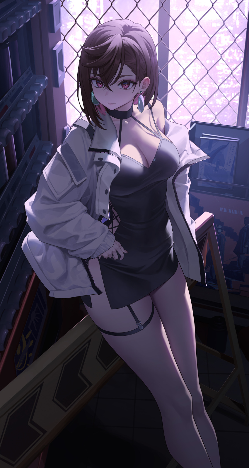 Rule 34 – absurdres alternate costume ayase momo black dress breasts brown hair chain-link fence city cityscape cleavage closed mouth commentary request cross-laced clothes cross-laced dress crossed bangs dandadan dress earrings elevator female fence from above garter straps hair behind ear hand on own hip highres jacket jewelry large breasts leaning back looking at viewer night open clothes open jacket red eyes short dress side slit sign single bare shoulder sleeves past wrists solo standing thigh strap thighs warning sign white jacket xzu | 12052960