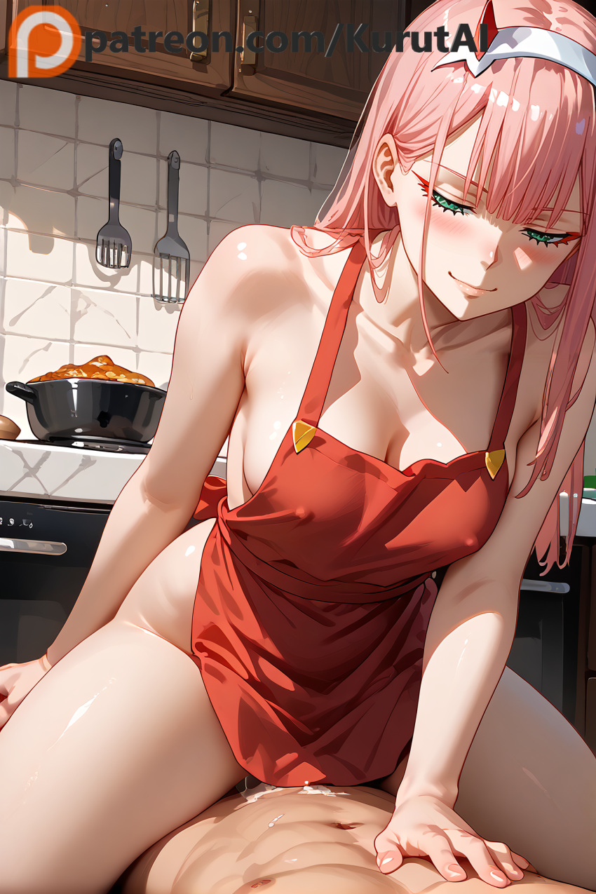 Rule 34 – 1boy 1girls ai generated apron bangs barefoot blush breasts cleavage collarbone covered nipples cowgirl position darling in the franxx eyebrows visible through hair eyeshadow female green eyes hairband horns kitchen long hair looking at viewer naked apron pink hair pov smile solo focus straddling straight tile floor tile wall tiles white hairband zero two (darling in the franxx) | 12138083