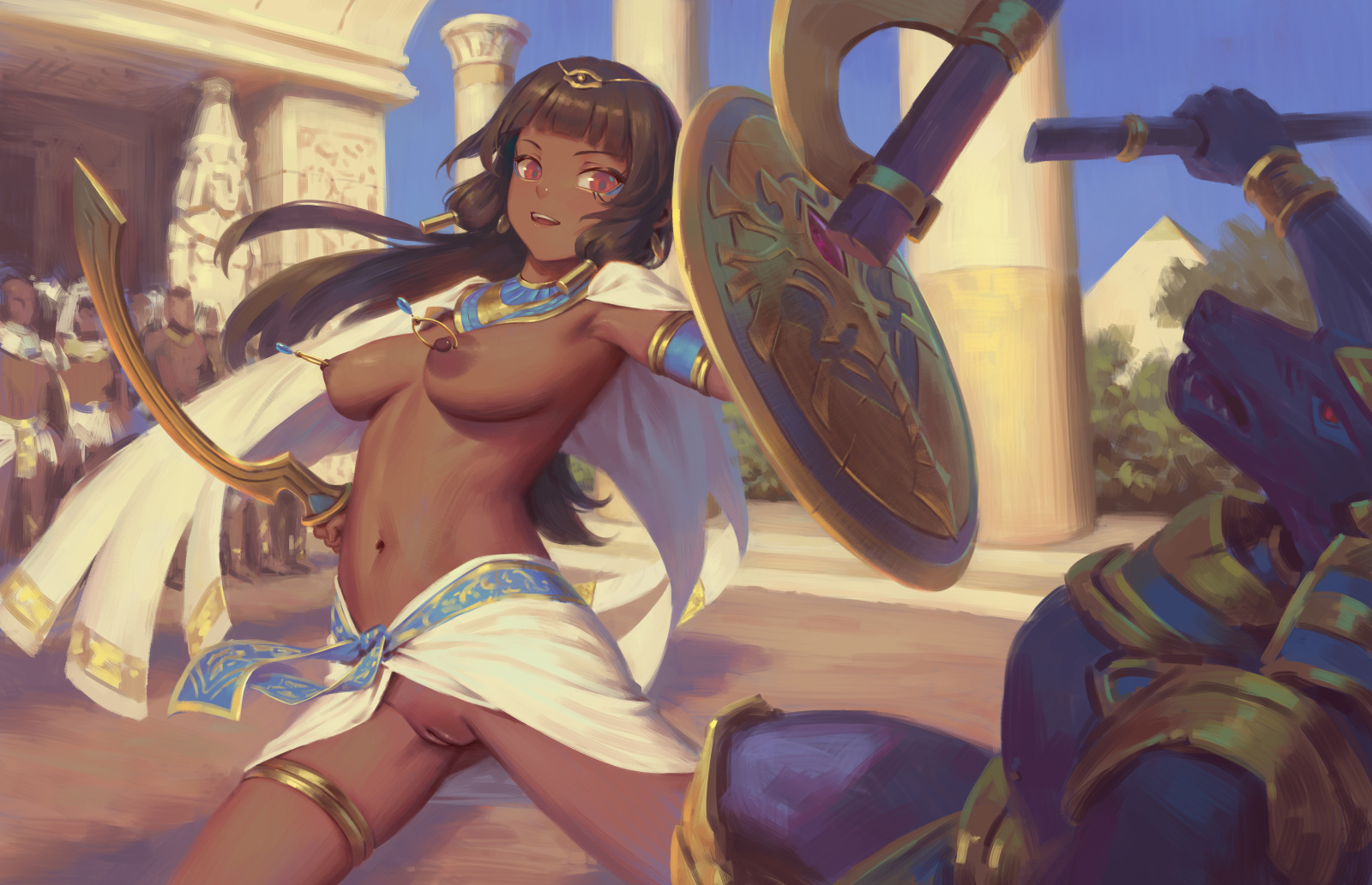 Rule34 – armlet breasts cleft_of_venus dark-skinned_female dark_skin female holding holding_shield holding_sword holding_weapon jewelry medium_breasts nipple_piercing nipples outdoors piercing pussy shield sword uncensored usekh_collar weapon
