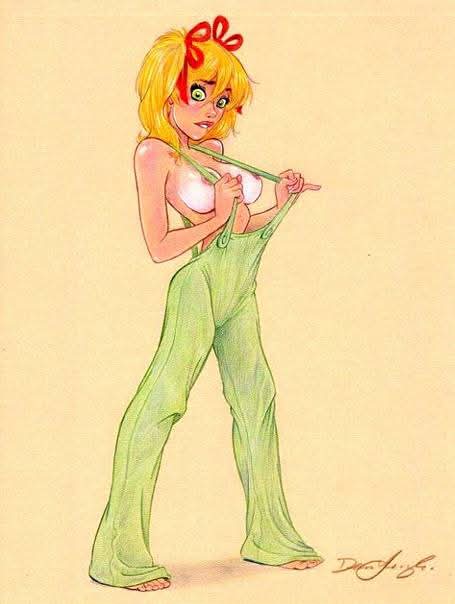 Rule 34 – 1female 1girl blonde female blonde hair blonde hair female blush boobs breasts dean yeagle female lips mandy (dean yeagle) nipples no bra no shirt overall red ribbons ribbons topless twintails white breasts | 12427713