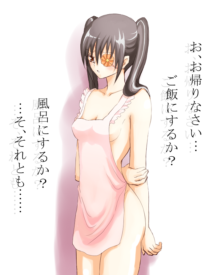 Rule 34 – apron black hair blush brown eyes cleavage embarrassed eye patch female female only gintama japanese text konpeki long hair naked apron official alternate hairstyle shy sideboob small breasts solo twintails yagyuu kyuubei | 12345491