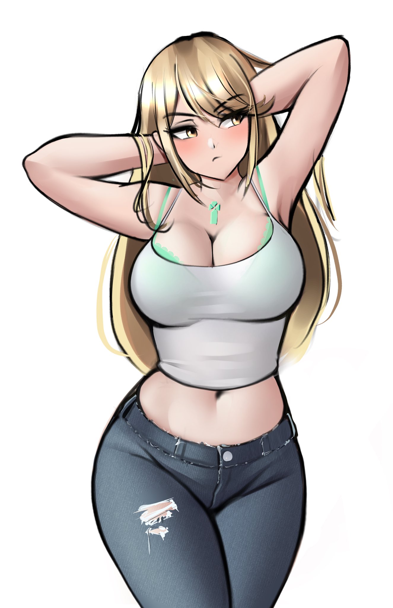 Rule 34 – belly button blonde hair blush bra bra visible through clothes jackary draws jeans large breasts light-skinned female long hair looking away mythra simple background tank top thick thighs tight clothing video games wide hips xenoblade chronicles 2 yellow eyes | 12185491
