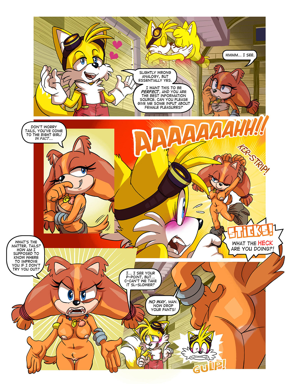 Rule 34 – anthro ass badger blue eyes breasts canid canine clothed clothed male clothing comic dialogue duo english text escopeto eyewear eyewear on head female footwear fox fur genitals gloves goggles goggles on head handwear heart symbol hi res jewelry kissing male male/female mammal mustelid musteline necklace nude nude female onomatopoeia orange body orange fur partially clothed sashimipop sega sonic boom sonic the hedgehog (series) sound effects speech bubble sticks the jungle badger tails text undressing yellow body yellow fur zooey the fox | 12344091