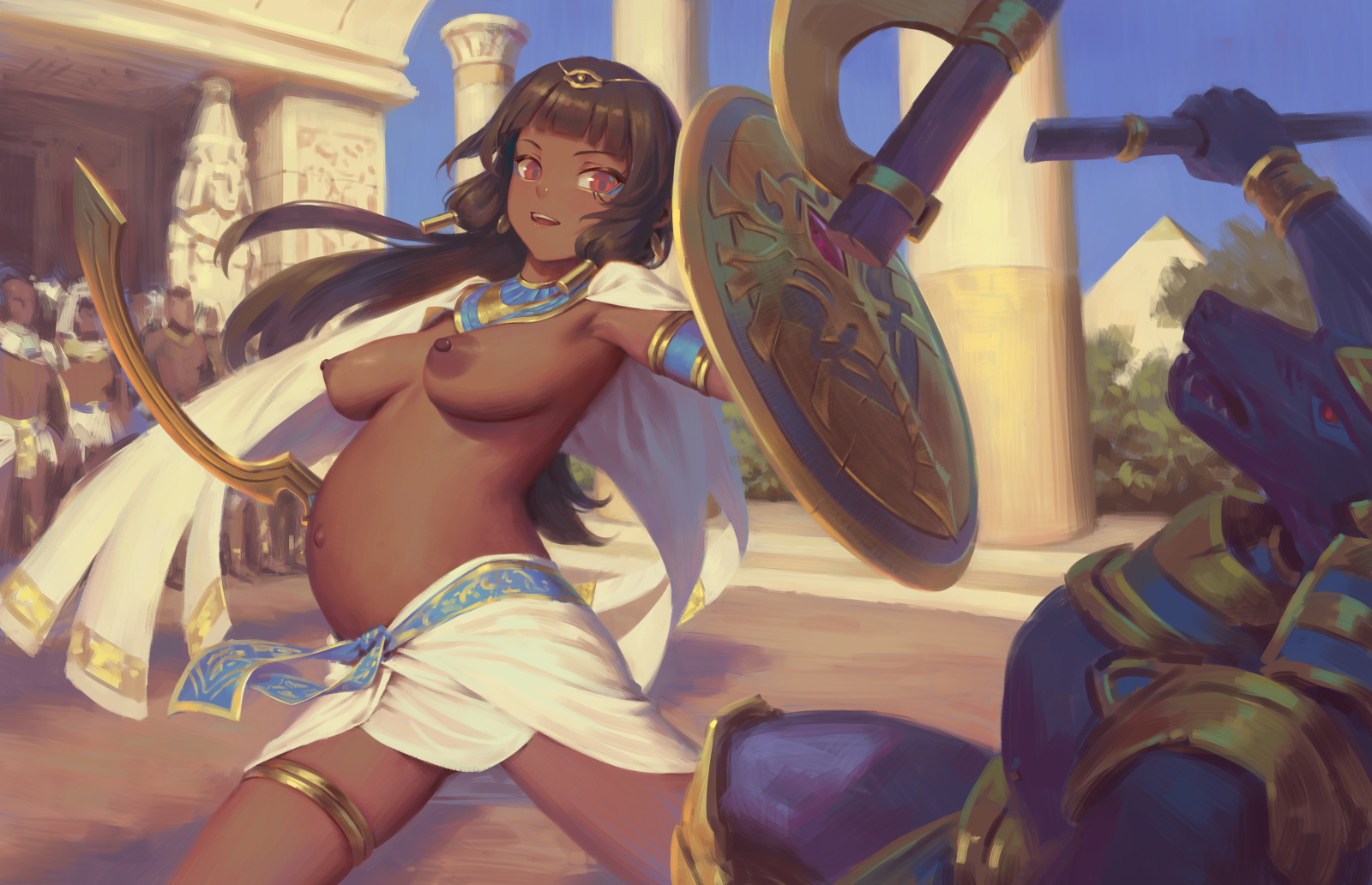 Rule34 – armlet big_belly breasts dark-skinned_female dark_skin female holding holding_shield holding_sword holding_weapon jewelry medium_breasts nipples outdoors pregnant shield sword uncensored usekh_collar weapon