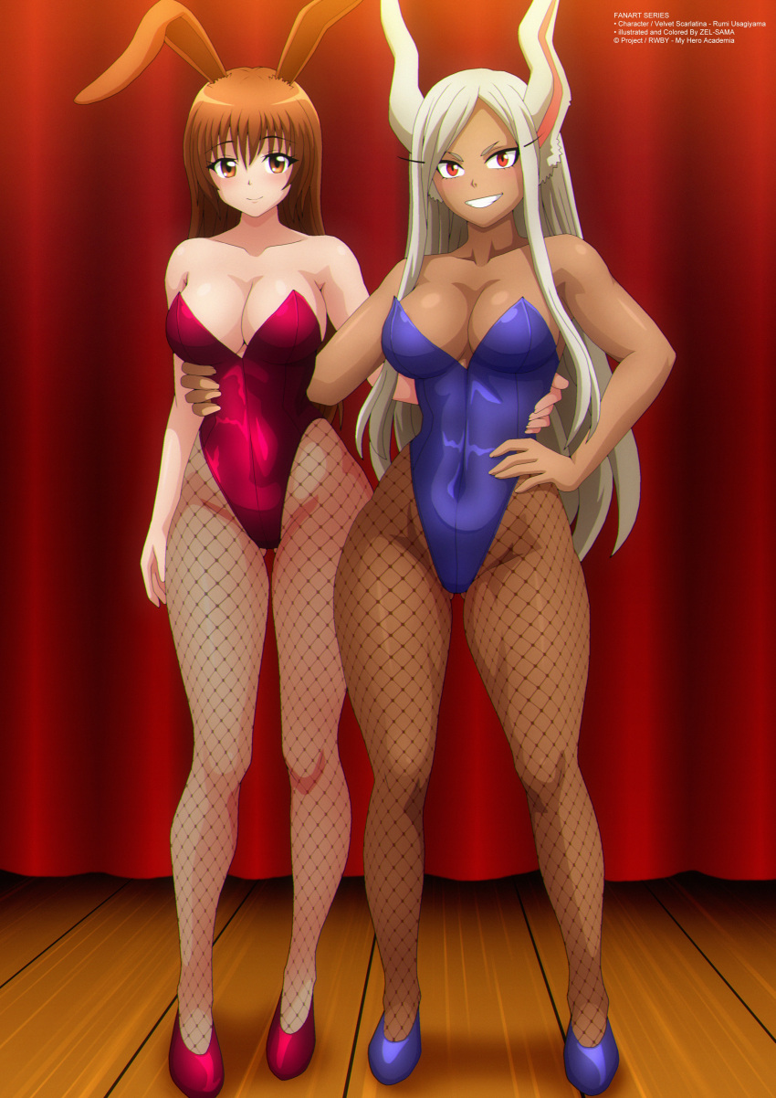 Rule 34 – breasts brown eyes brown hair bunny ears bunny girl bunnysuit dark skin fishnet legwear miruko my hero academia pale skin red eyes rumi usagiyama rwby two girls velvet scarlatina white hair zel-sama | 12300630