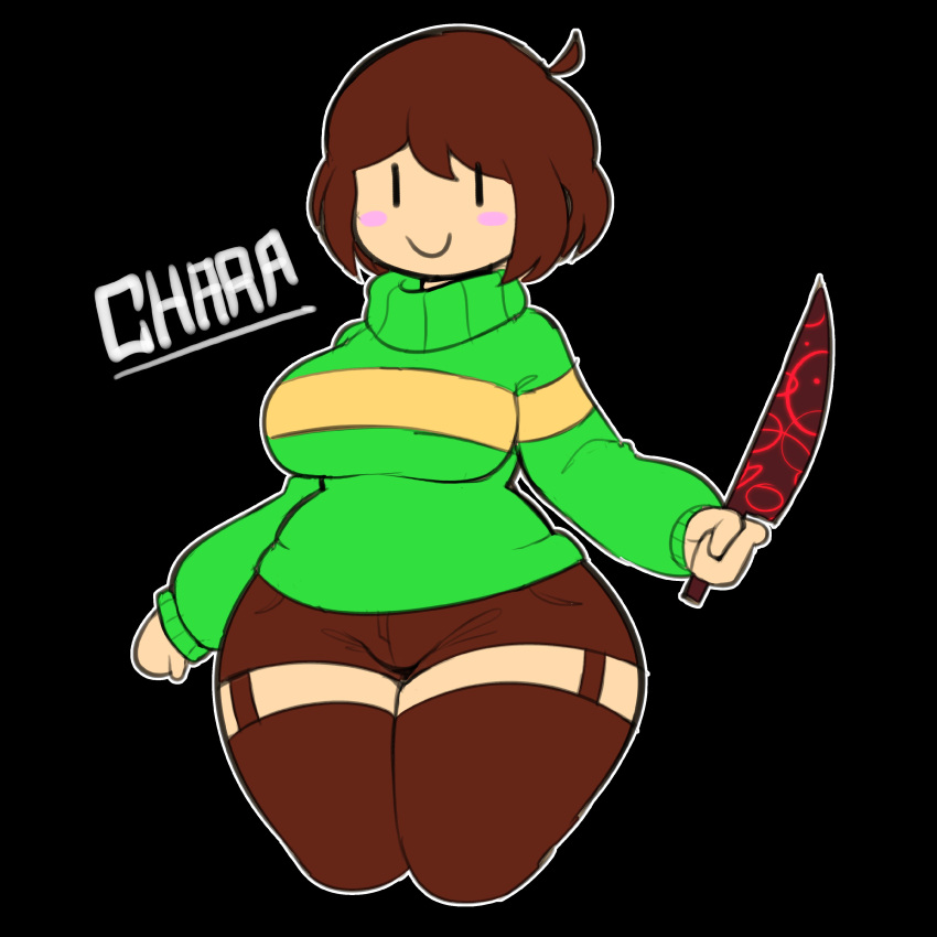 Rule 34 – 1girls :) =) black background breasts chara chara (undertale) clothed knife solo tagme thighs touselkie white outline | 12370302