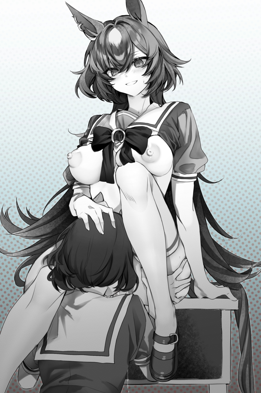 Rule 34 – 2girls absurdres animal ears breasts clothes lift desk hair between eyes hand on another’s head highres horse ears horse girl horse tail implied cunnilingus leg grab long hair monochrome multiple girls nipples on desk pussy juice ribbon school uniform shirt lift shoes short hair simple background sirius symboli (umamusume) smile sweat tail thighhighs tracen school uniform tuwu (user yvte3782) umamusume yuri | 12381506