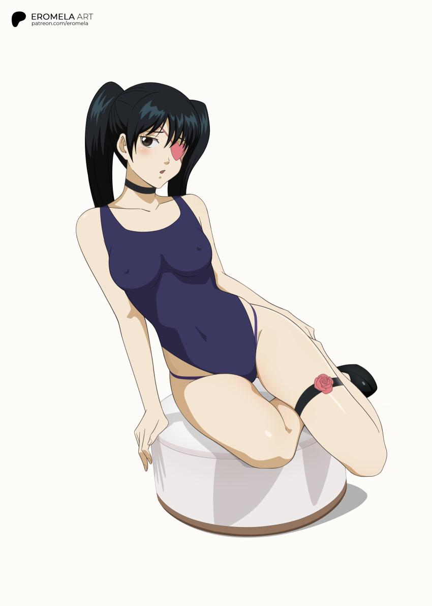 Rule 34 – accurate art style black hair blush brown eyes choker eromelaart eye patch female female only garter long hair medium breasts nipple bulge official alternate costume one-piece swimsuit reclining shy sitting solo swimsuit thigh strap twintails wide hips yagyuu kyuubei | 12269708