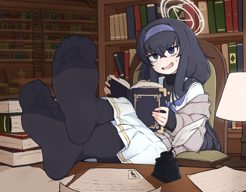 Rule 34 – 1boy bags under eyes black hair black pantyhose black sweater blue archive blue eyes blue hairband book cardigan commentary crossed ankles crossed bangs desk english commentary feet feet on desk feet on table feet up feet visible through clothing female foot focus grey cardigan grey halo hairband halo highres holding holding book indoors lamp legwear long hair looking at viewer neckerchief no shoes open mouth out of frame pantyhose pleated skirt purple neckerchief quill shirt skirt sleeves past wrists softhanten soles sweat sweater toes turtleneck turtleneck sweater ui (blue archive) white shirt white skirt | 12338997