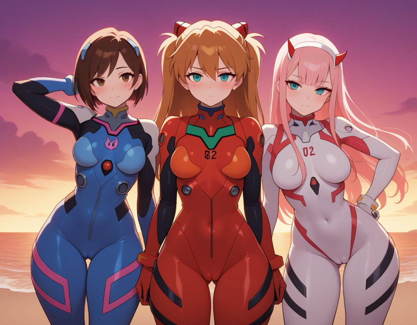 Rule 34 – 3girls ai generated asuka langley sohryu brown hair cameltoe d.va darling in the franxx ginger light-skinned female neon genesis evangelion overwatch overwatch 2 pink hair plugsuit zero two (darling in the franxx) | 12160388