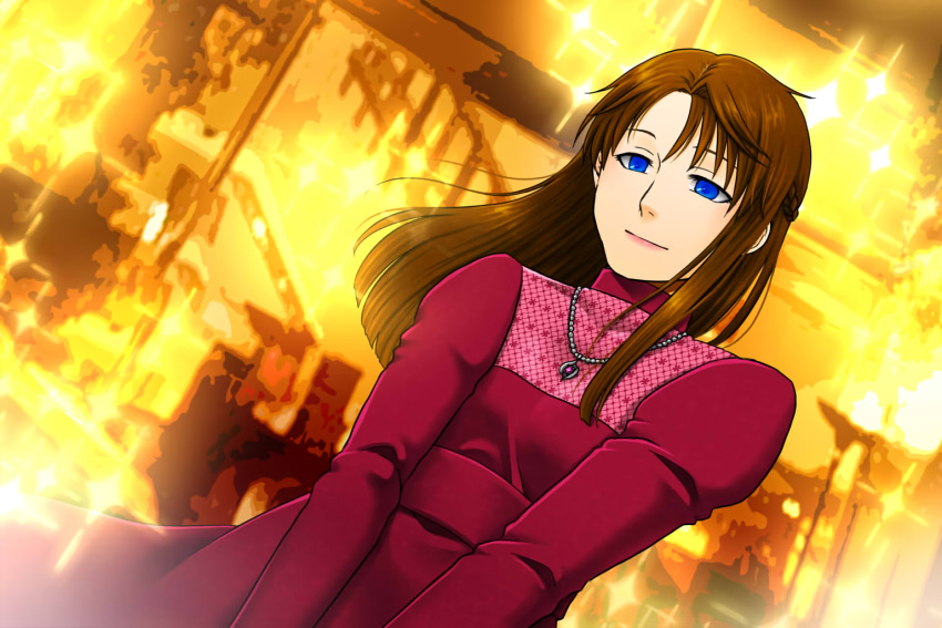 Rule 34 – 1boy ai ni arazu blue eyes brown hair clothed collarbone crossdressing dress eyelashes game cg haruka shinomiya hi res lipstick long hair male male only mature male necklace smile sparkles standing takashi akano (fukusa) vignette yellow background | 12197552