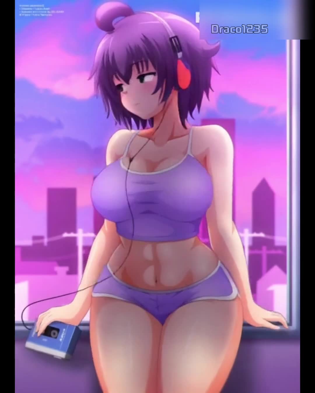 Rule34 – arm_support blush breasts building cassette_player cityscape cleavage cloud collarbone female green_eyes headphones holding house large_breasts looking_to_the_side midriff navel pole power_lines purple_hair purple_shirt purple_shorts purple_sky shirt short_hair shorts sitting sky skyscraper tank_top vaporwave video walkman