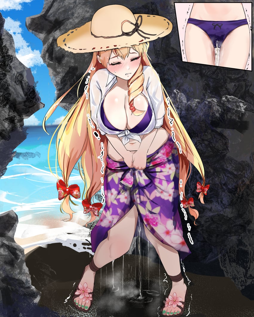 Rule34 – alternate_costume beach big_breasts blonde_hair blush breasts closed_eyes embarrassed feet_apart michinoku_(michino934) panties peeing peeing_self pissing_self purple_panties sandals standing sun_hat swimsuit touhou_lost_word touhou_project urine wet_panties woman