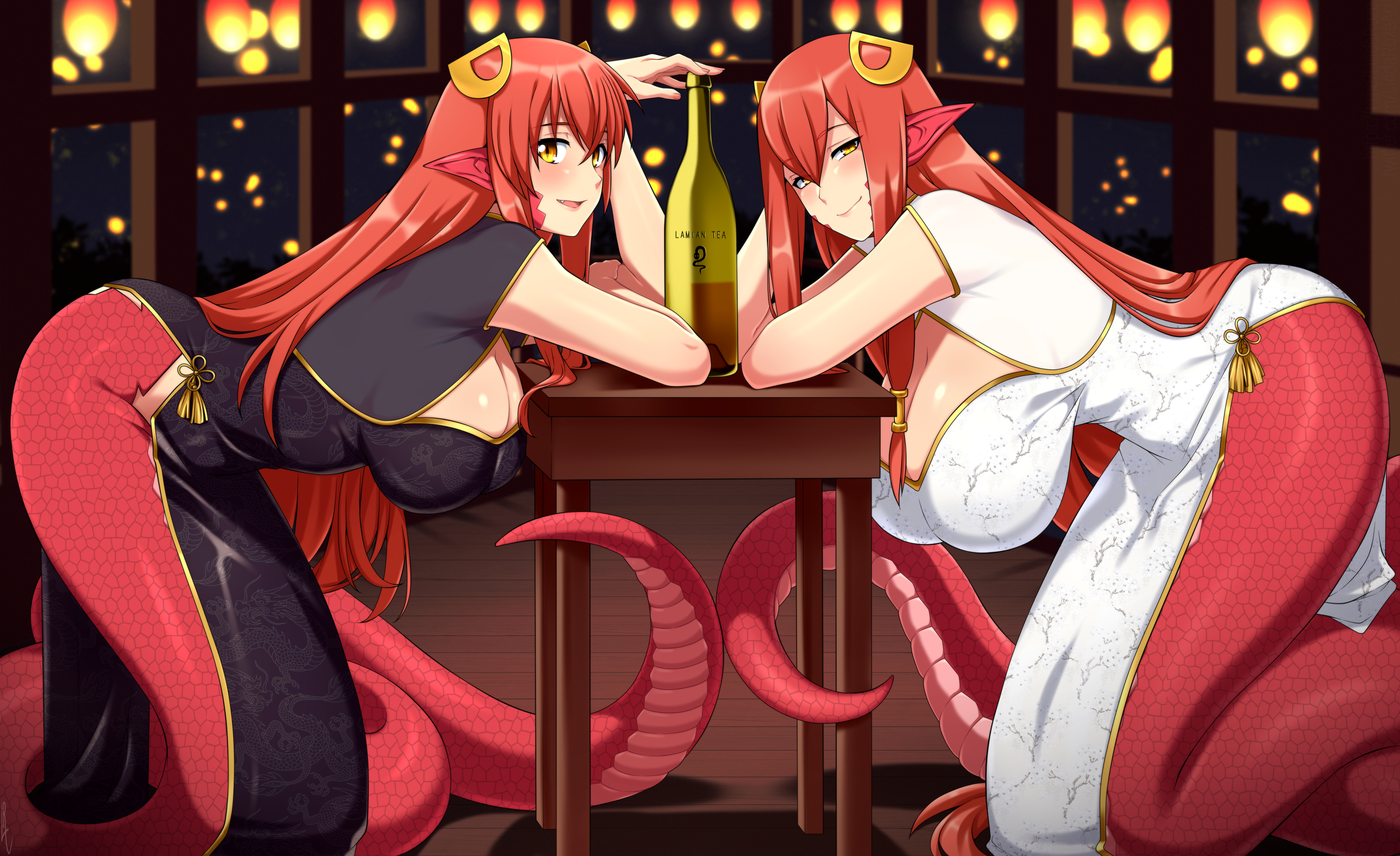 Rule34 – 2girls fully_clothed lamia mother_and_daughter red_hair wine_bottle yellow_eyes