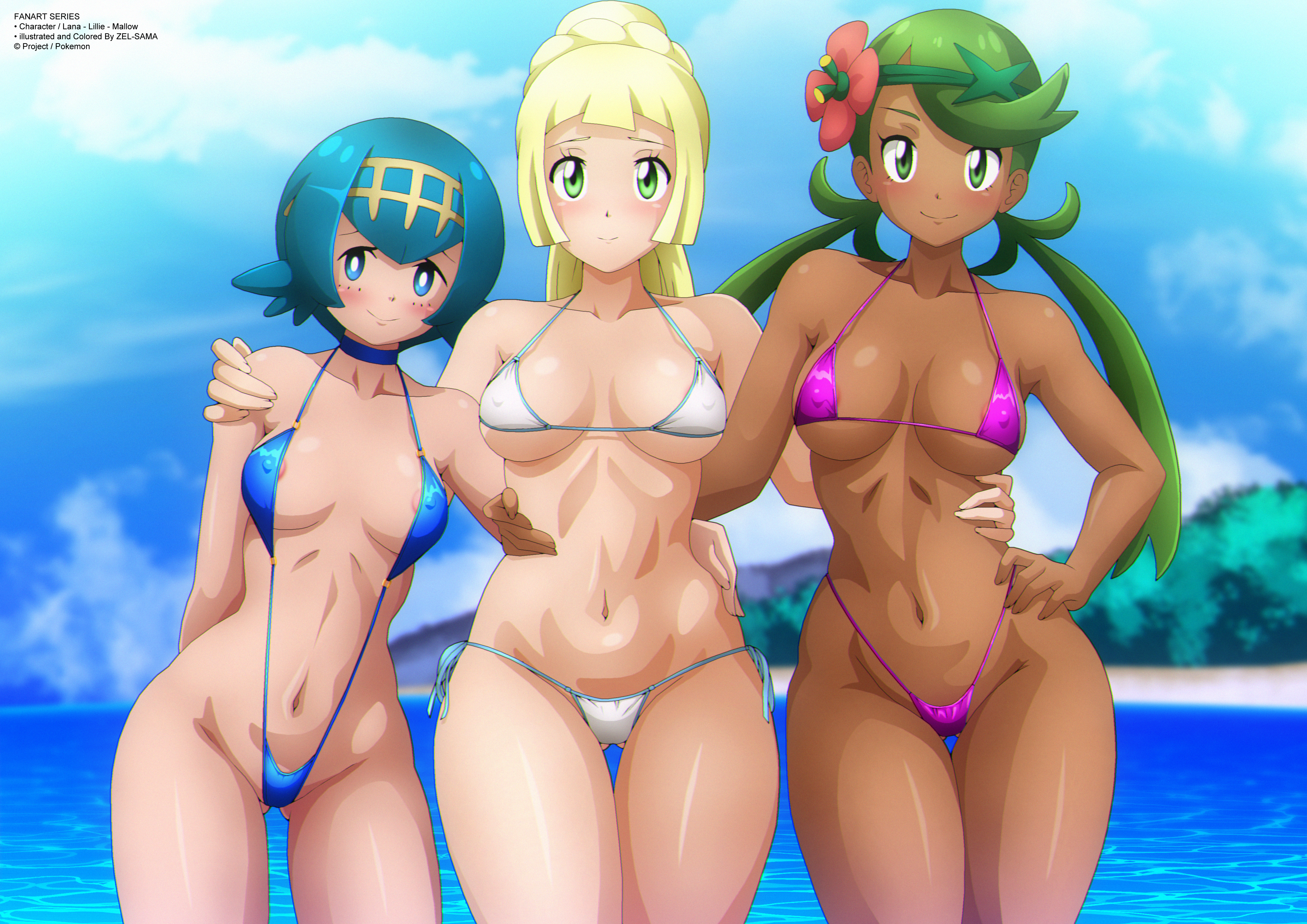 Rule34 – 3girls beach bikini blonde_hair blue_eyes blue_hair green_eyes green_hair looking_at_viewer outdoors pokemon smiling