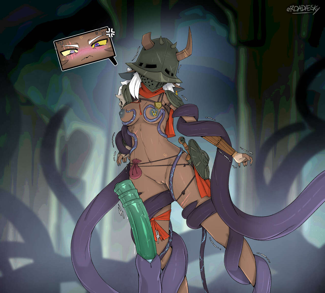 Rule 34 – bare breasts bare thighs bare tits bare vagina blue nipples dark-skinned female dark skin demon demon girl demon horns erection helmet helmet only horsecock imminent rape imminent sex monster cock monster penis restrained restrained arms restrained by tentacles restrained legs roadiesky unconvincing armor | 12491790