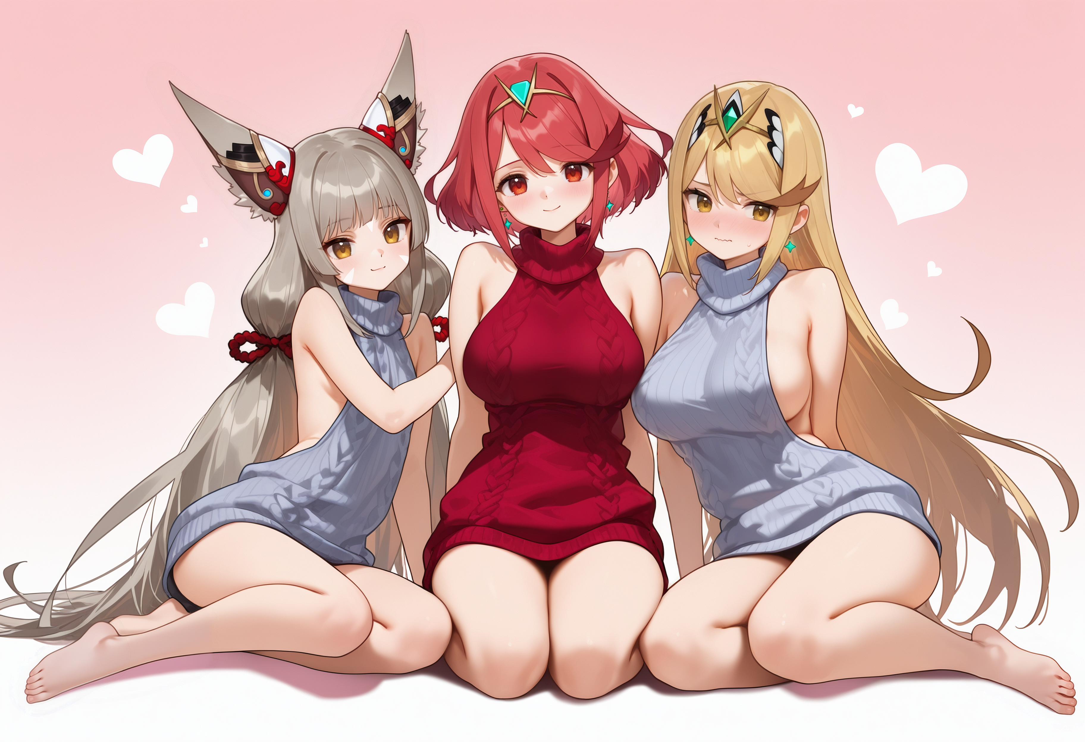 Rule34 – 3girls ai_generated alternate_costume animal_ears bare_legs bare_shoulders barefoot blonde_hair blush breasts cable_knit cat_ears closed_mouth dress earrings feet full_body gradient_background grey_hair heart jewelry large_breasts legs long_hair looking_at_viewer low_twintails meme_attire multiple_girls mythra_(xenoblade) nia_(xenoblade) pyra_(xenoblade) red_eyes red_hair short_hair sideboob sitting sleeveless small_breasts smile sweater swept_bangs thighs tiara toes turtleneck turtleneck_sweater twintails very_long_hair virgin_killer_sweater vysetf yellow_eyes yokozuwari