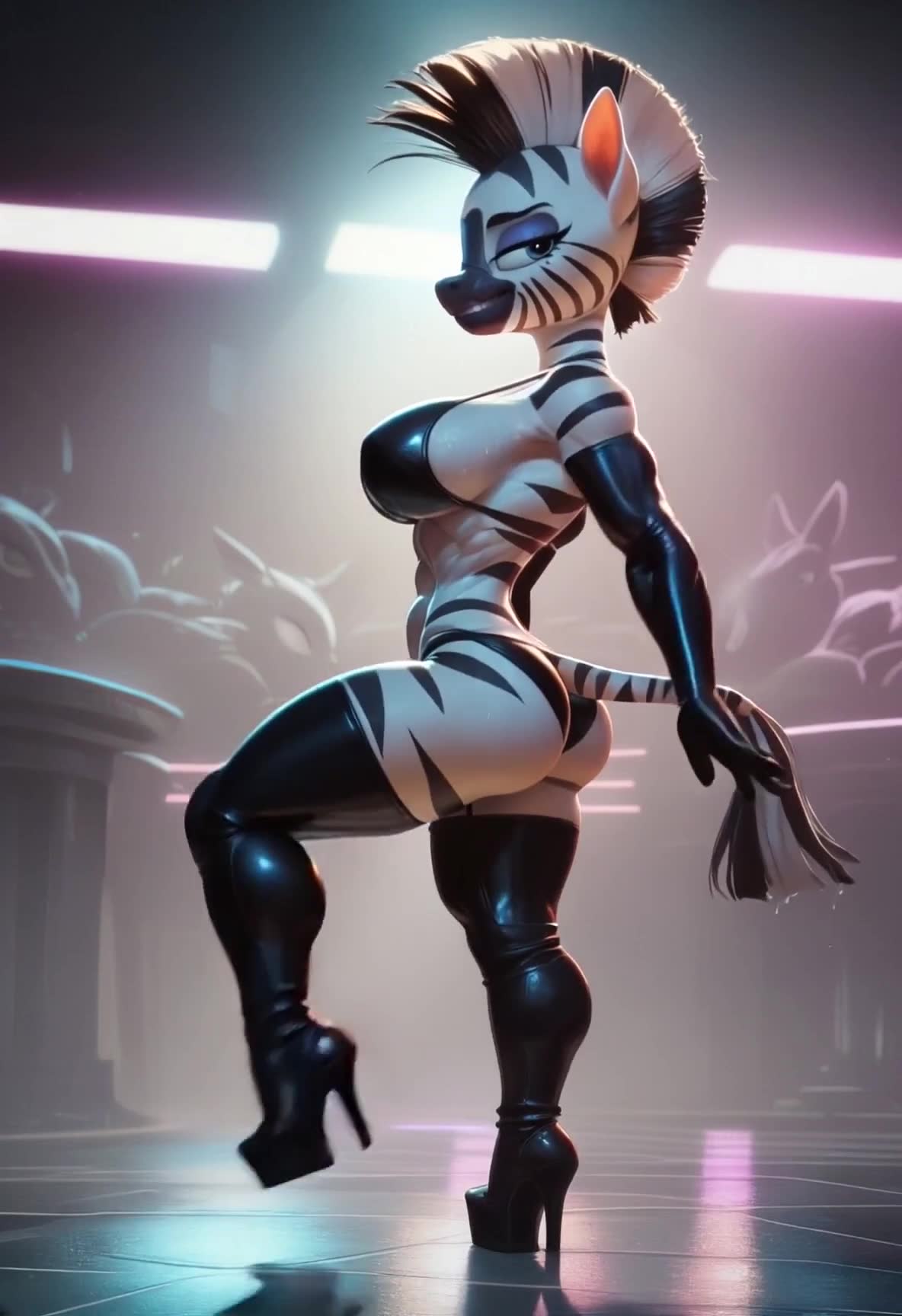 Rule34 – ai_generated anthro breasts elbow_gloves high_heel_boots high_heels latex shortstack side_view thighhighs tubetop video walking zebra