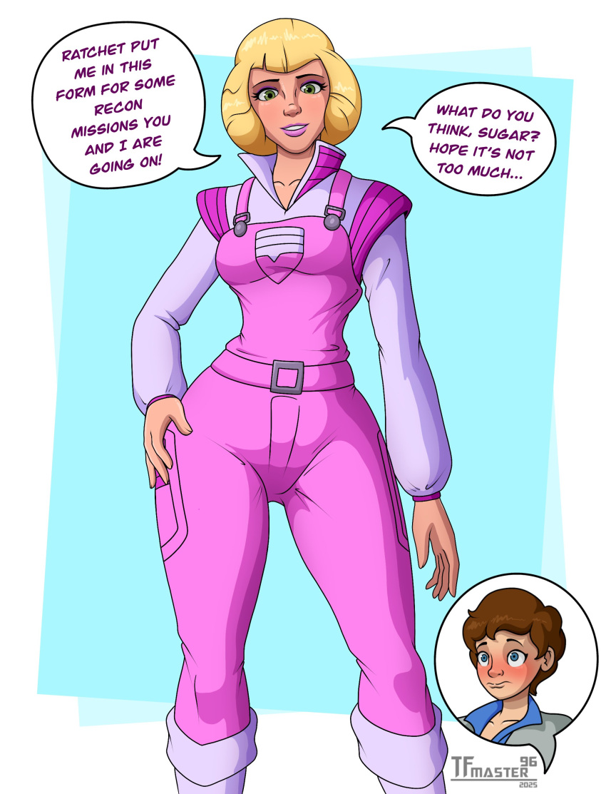 Rule 34 – arcee arcee (g1) blonde female blonde hair blush daniel witwicky embarrassed fit fit female flustered flustered male fully clothed green eyes hand on hip human humanoid looking at viewer looking down male overalls pink body pink lips pink lipstick robot girl robot humanoid short hair tfmaster96 transformers transformers g1 | 12518573