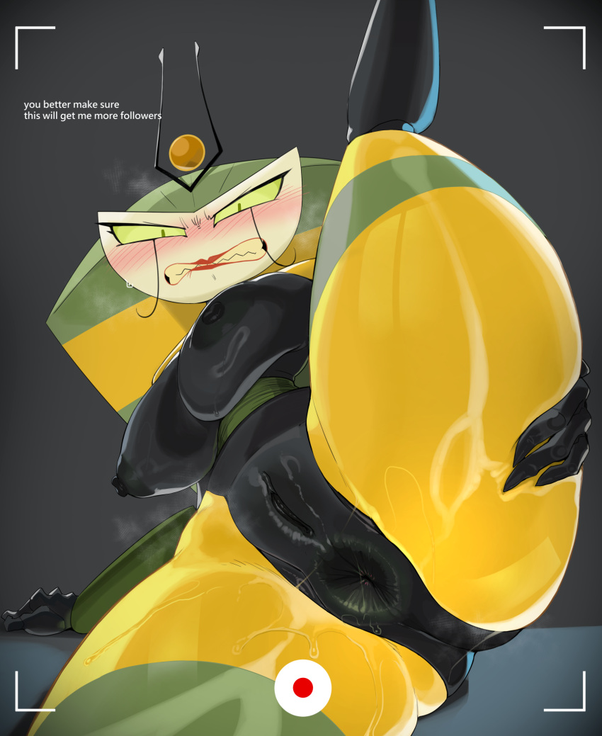 Rule 34 – anus areola big breasts biped blush bodily fluids breasts dialogue female fingers genitals glistening glistening body green eyes grey background hi res machine mdthetest my life as a teenage robot nickelodeon nipples pupils pussy raised leg robot simple background spread legs spreading sweat thick thighs vexus | 12593022