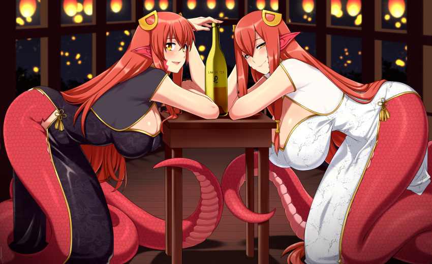Rule 34 – 2girls fully clothed lamia lindaroze miia’s mother (monster musume) miia (monster musume) monster musume no iru nichijou mother and daughter new year red hair tagme wine bottle year of the snake yellow eyes | 12591805