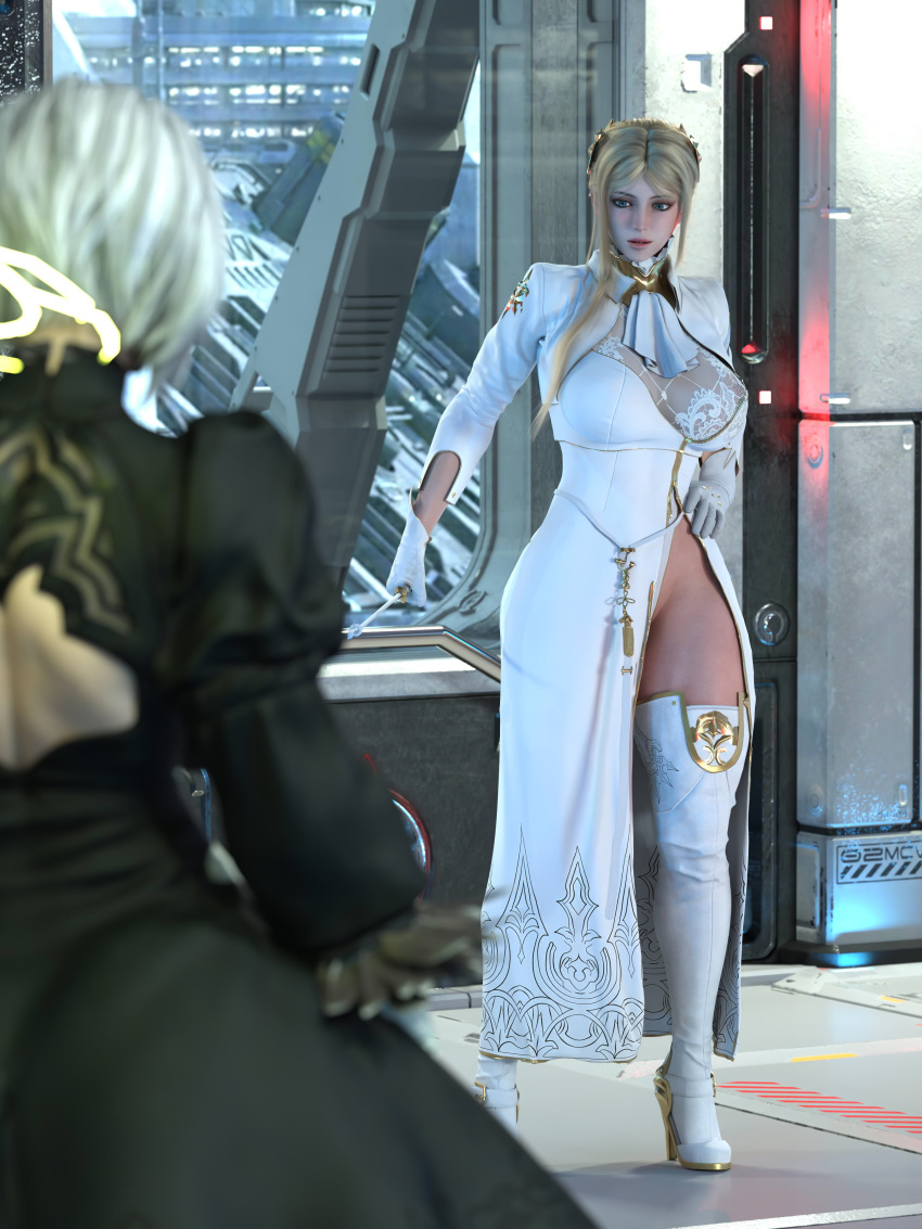 Rule 34 – 2girls 3d big breasts blonde hair breasts clothing female female only light-skinned female light skin nier nier: automata salamandraninja short hair solo standing thighhighs white hair yorha 2b yorha commander | 12581343