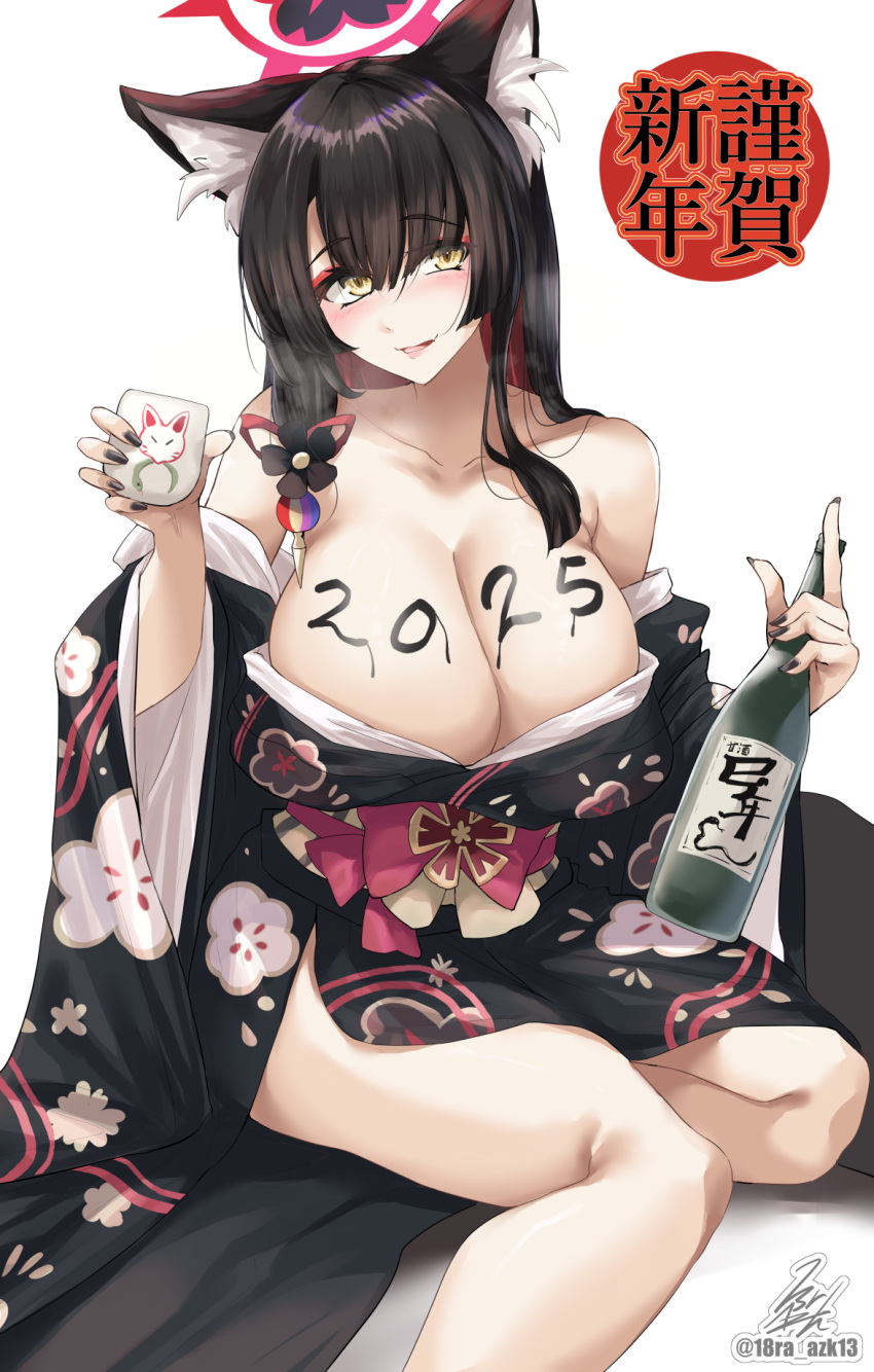 Rule 34 – 1girls 2025 animal ears animal humanoid bare legs black hair blue archive blush breasts cleavage eyeshadow female female only fox ears hair ornament halo holding drink holding object huge breasts ibara azuki (azk ibr2nd) kimono multicolored hair new year oerba yun fang off shoulder open mouth painted nails red hair sake smile solo visible breath wakamo (blue archive) white background writing on body writing on breasts yellow eyes | 12651569