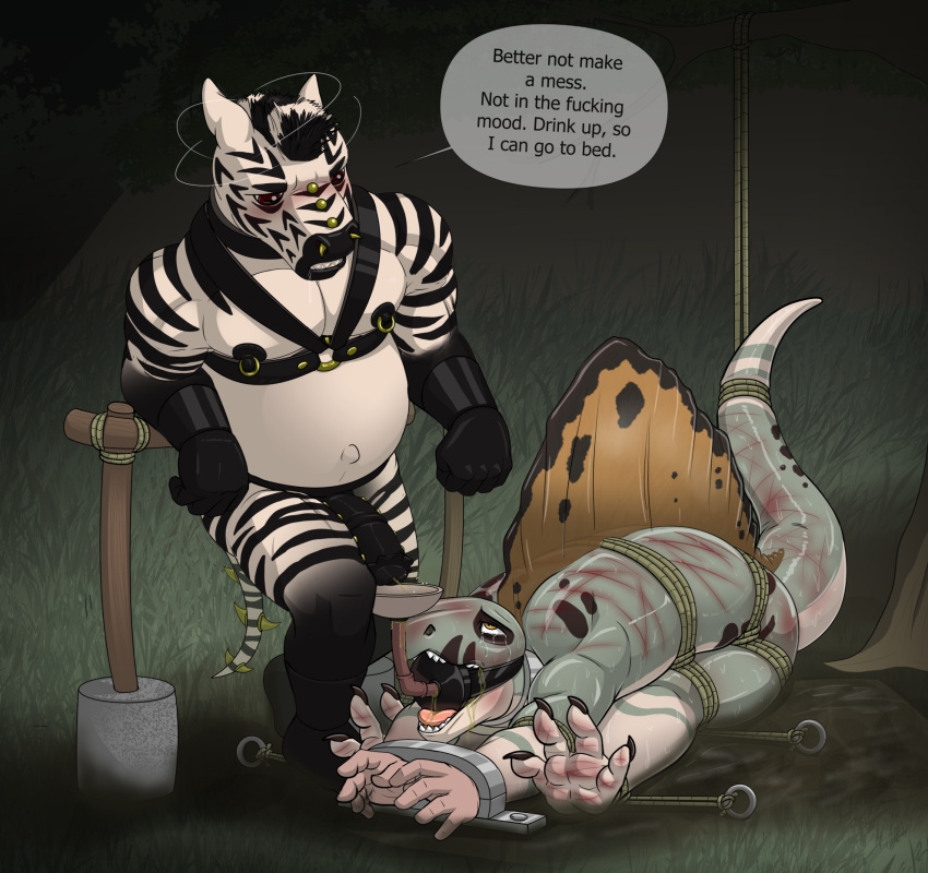 Rule 34 – abuse animal genitalia animal penis anthro anthro on anthro black penis bodily fluids bondage bondage bound claws crying cuff (restraint) dialogue dimetrodon dominant dominant male dorsal frill drinking drinking urine duo english text equid equine equine genitalia equine penis feet folded forced forced drinking frill (anatomy) fully bound funnel funnel gag gag gagged genital fluids genital piercing genitals handcuffs hi res ladder piercing literaturabdsm male male/male mammal medial ring metal cuffs nipple piercing nipple ring nipples peeing pelycosaur penis penis piercing piercing prehistoric species profanity quagga (literaturabdsm) restraints ring piercing rope rope bondage slave speech bubble sphenacodontid stake story story in description striped body stripes submissive submissive male synapsid tail tail bondage tail tied tears teeth text toe claws toes toilet slave tongue uncomfortable urine urine from mouth urine in mouth urine stream watersports whip mark white body zebra | 12694665
