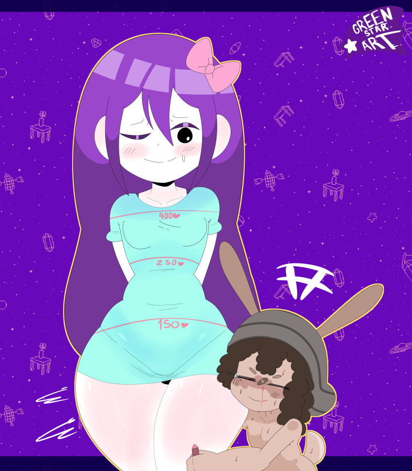 Rule 34 – aubrey (headspace) aubrey (omori) blush blush cute flat chest greenstar greenstar (character) long hair naked naked male omori size difference snail strip game sweat sweating thick thighs tight clothing twitter strip game (meme) wide hips | 12535431