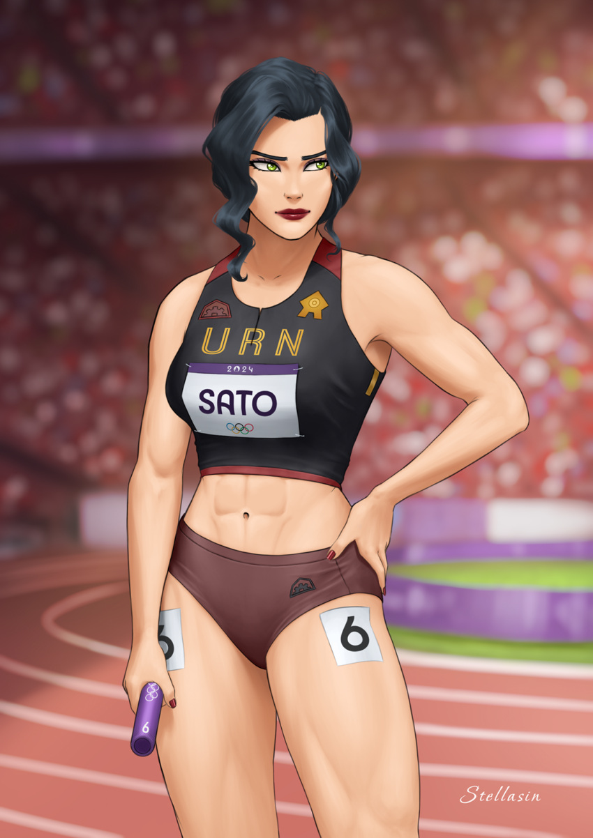 Rule 34 – abs artist name asami sato bare shoulders black hair blurry blurry background bra breasts buruma closed mouth clothing cowboy shot crop top depth of field female female only green eyes gym hand on hip holding large breasts lipstick looking at viewer looking away looking to the side makeup medium breasts midriff muscle muscular female nail polish navel red nails short hair shorts smile solo sports bra sportswear standing stellasin the legend of korra thighs toned track and field track uniform underwear | 12534975