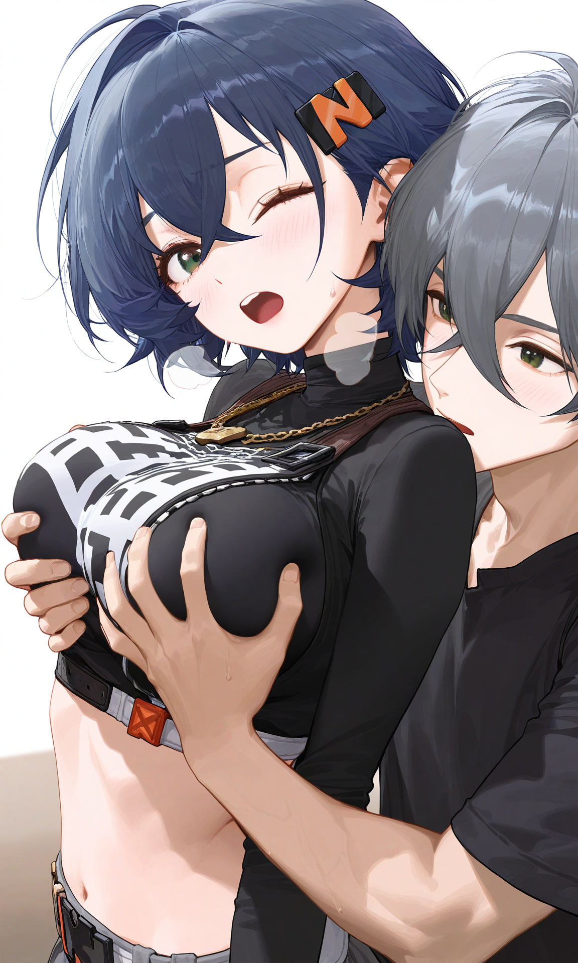 Rule34 – 1boy 1girls ai_generated belle_(zenless_zone_zero) blue_hair blush breast_grab breast_squeeze breasts breasts_out brother_and_sister green_eyes grey_hair groping groping_breasts large_breasts midriff necklace short_hair siblings turtleneck wink wise_(zenless_zone_zero) zenless_zone_zero