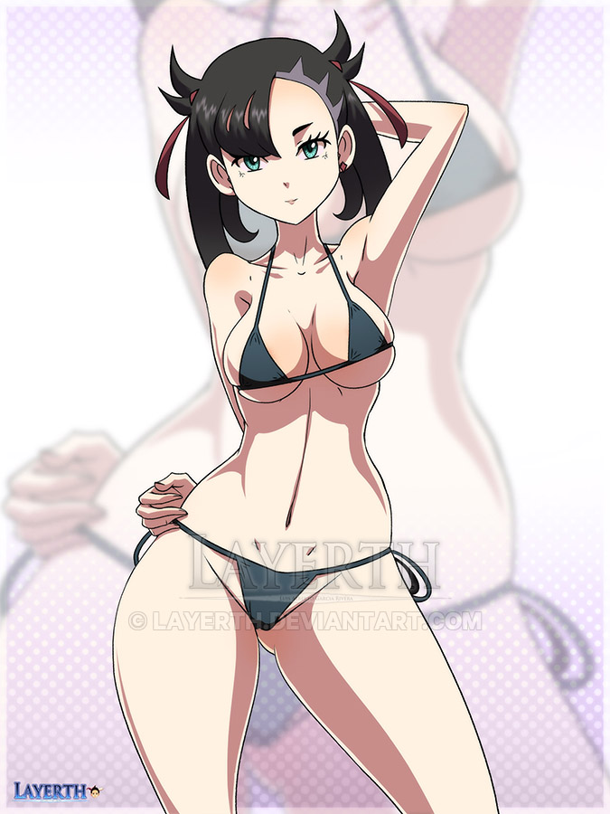 Rule 34 – artist logo artist name bikini bikini only black hair blue eyes breasts game freak hand behind head hand on hip hand on own hip hourglass figure layerth looking at viewer marnie (pokemon) medium breasts nintendo pokemon pokemon ss swimwear thick thighs zoom layer | 12892154