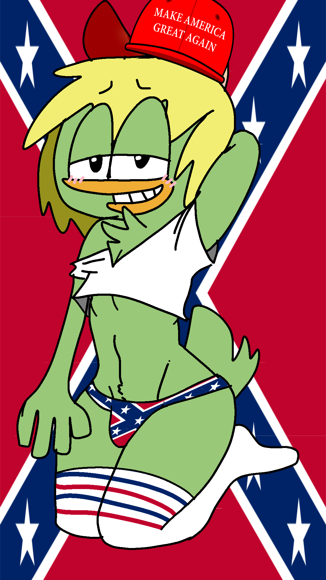 Rule34 – anthro arm_behind_head arm_up avian avian_humanoid belly belly_button bird bird_humanoid blonde_hair blush confederate_flag duck eye_contact eye_contact_pov feathers femboy funny furry green_feathers humor kneehighs kneeling kneesocks looking_at_viewer make_america_great_again male male_only politics pov raceplay racism racist_man shirt solo_focus solo_male svenniehoek tail thong wtf