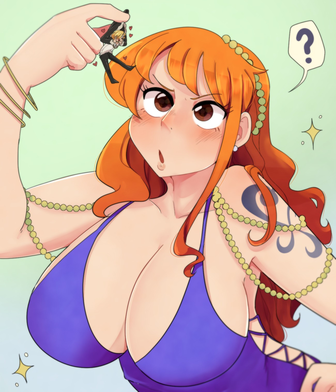 Rule34 – 1boy 1girls :o blonde_hair blush bracelet brown_eyes cleavage clothed_female clothed_male confused_look dress earrings egg giantess hand_on_hip large_breasts larger_female open_mouth orange_hair pearls shonen_jump size_difference smaller_male sparkles tattoo tattoo_on_arm vinsmoke_sanji