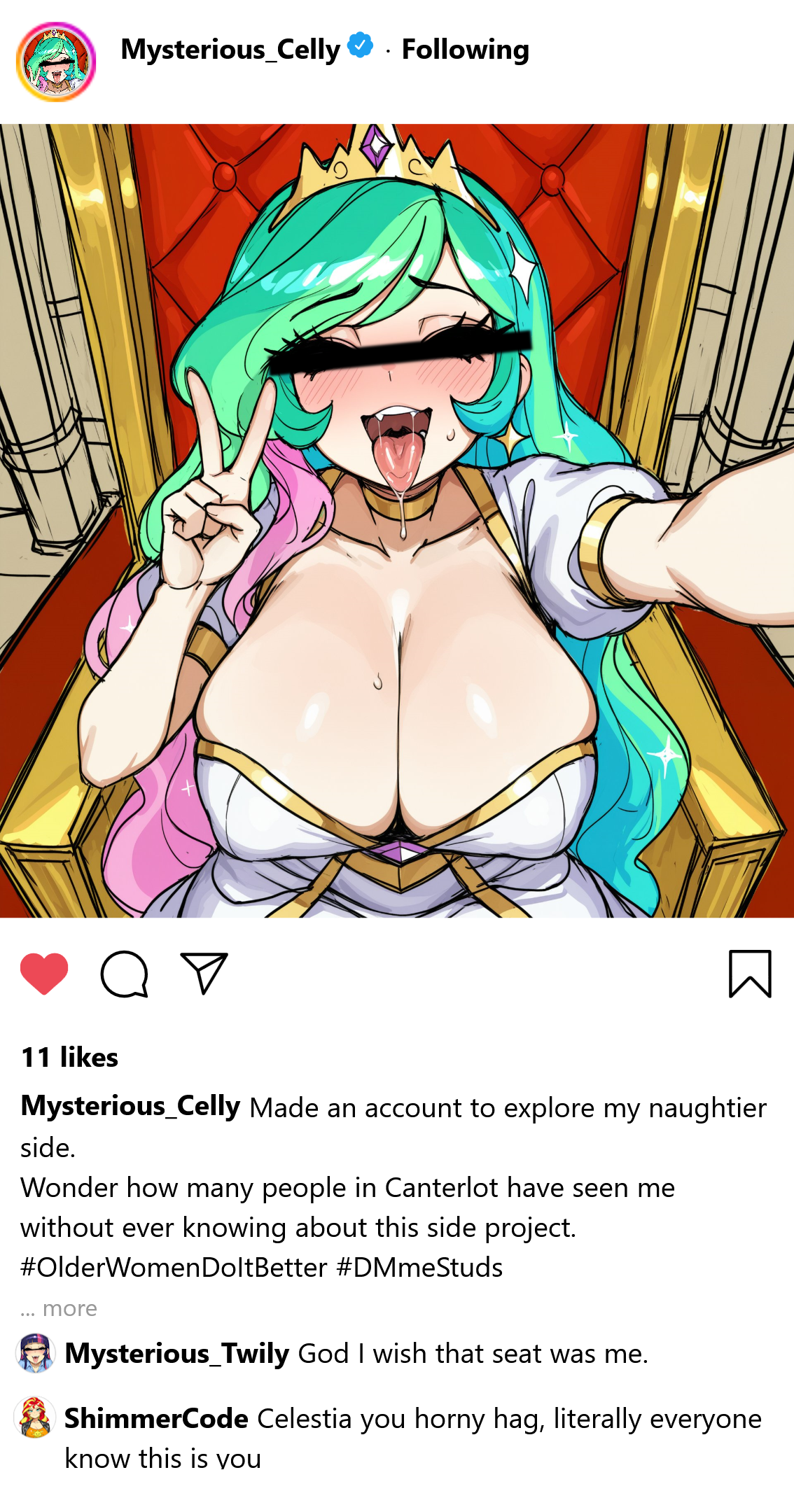 Rule34 – ahe_gao ai_generated breasts censored_eyes clothed clothing dress female human humanized light-skinned_female light_skin open_mouth social_media throne tongue_out