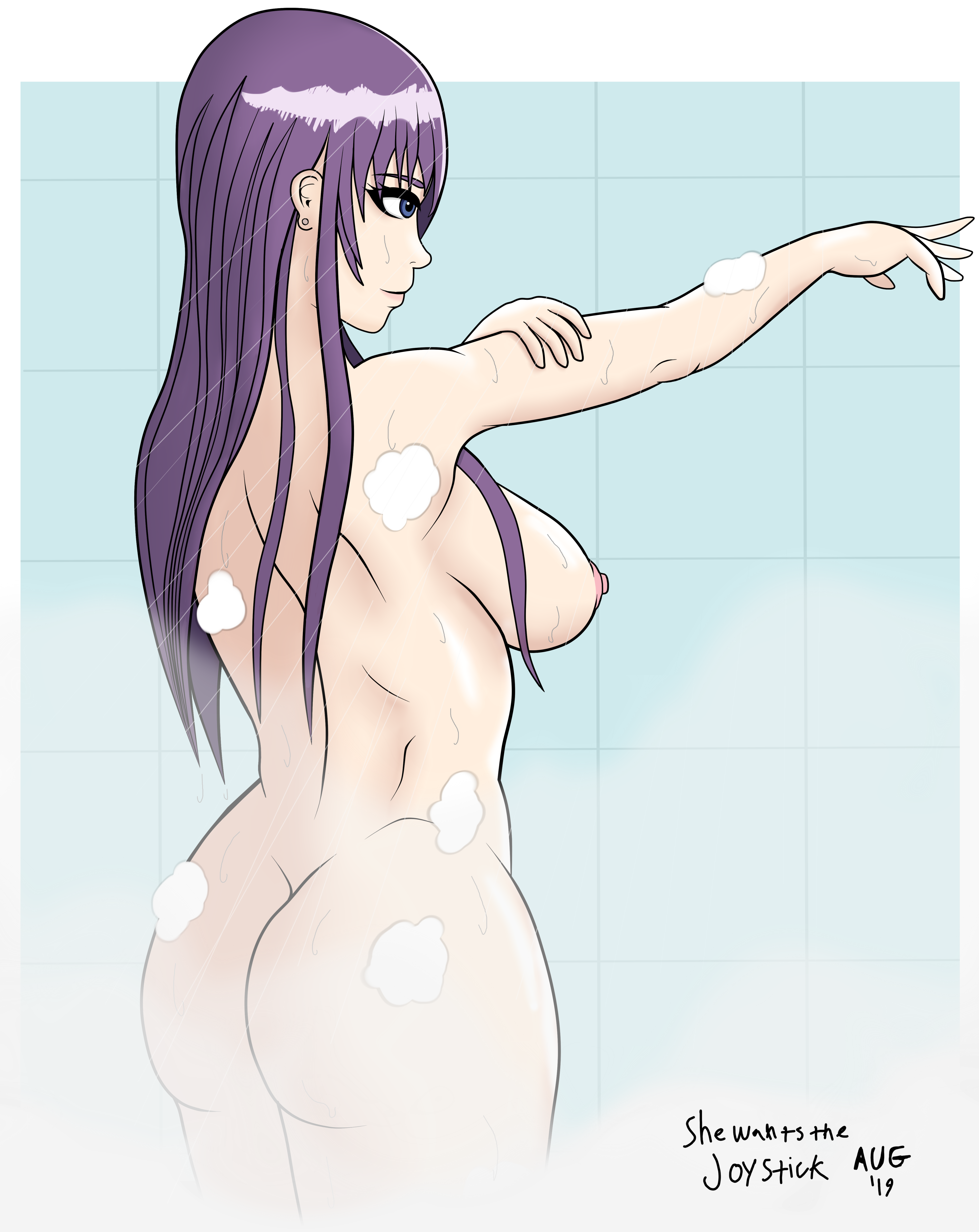 Rule34 – 1girls ass back_view big_ass blue_eyes ear_piercing long_hair one_arm_up purple_hair shewantsthejoystick shower showering sideboob soap solo solo_focus standing unnamed_character