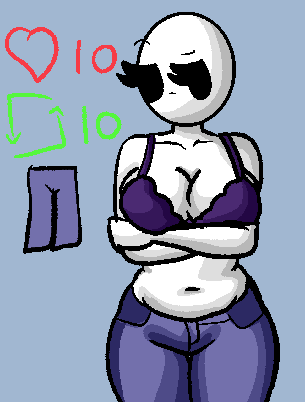Rule 34 – bald bald female black eyes blue background bra breasts chetoh claire (chetoh) cleavage clothed clothed female egg female jeans like icon looking at viewer oc original original character purple bra retweet icon strip game twitter twitter strip game (meme) white body | 12921113