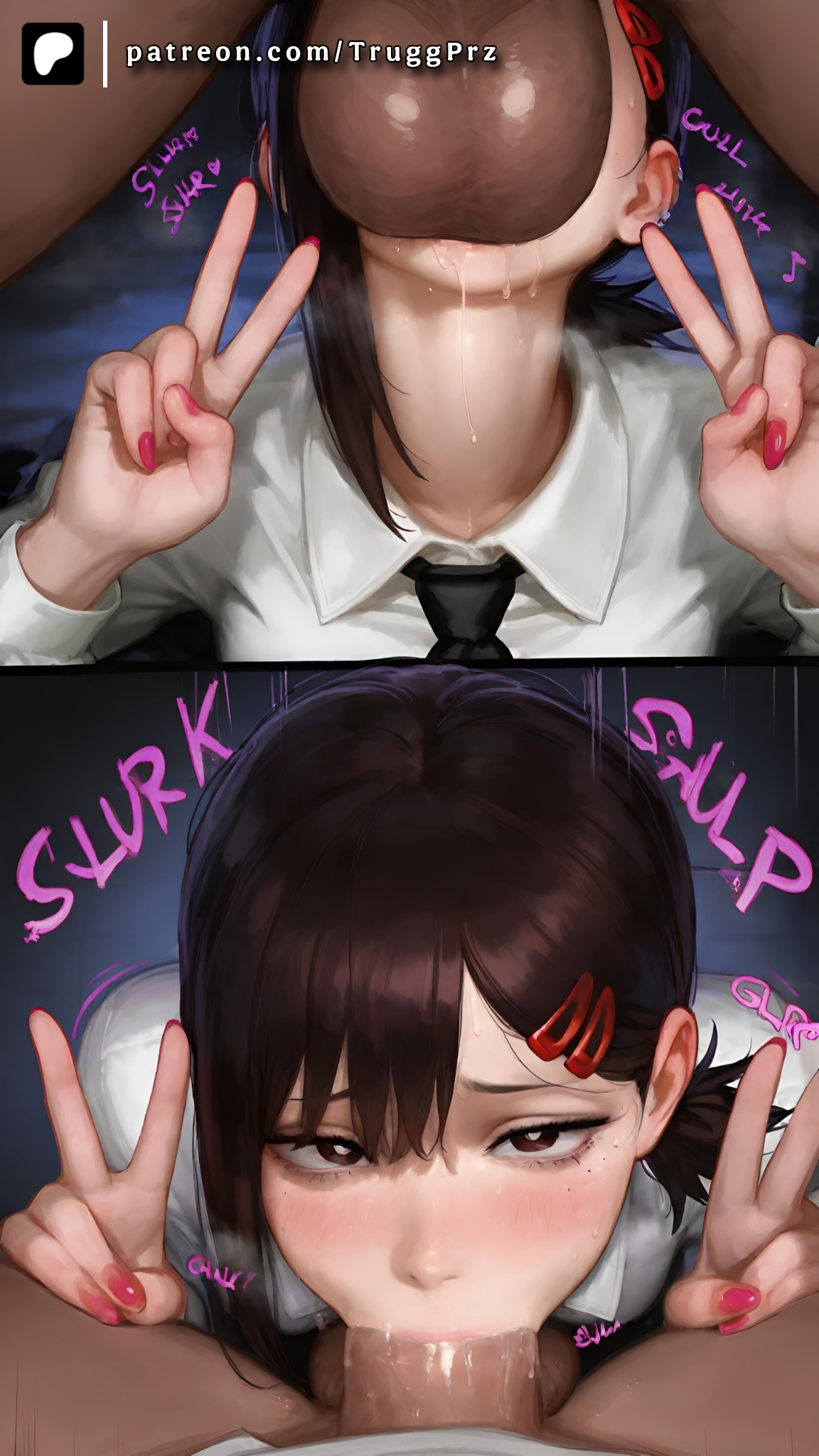 Rule34 – 1boy 1girls 2koma ai_generated big_penis blush clothed_female_nude_male dark-skinned_male deepthroat double_v fellatio from_below kobeni_higashiyama looking_at_viewer nail_polish oral pov saliva saliva_trail shirt tie truggprz