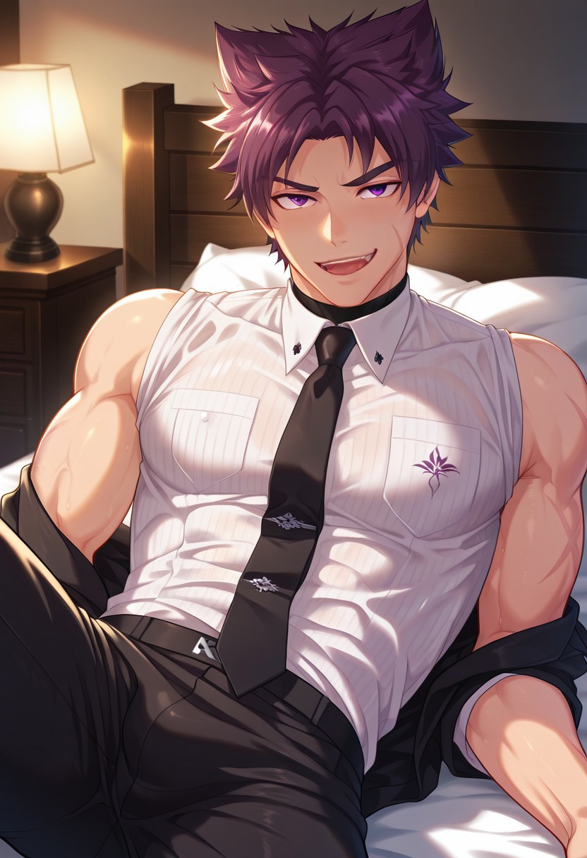 Rule 34 – anime anime boy bed bedroom blush camp buddy cat ears clothed hands behind head horny horny male laying down laying on bed looking at viewer night nighttime no nude pillow pleasure face purple eyes purple hair sexy body spicyboi suit suit and tie teenager tounge out yoichi yukimura young yukimura yoichi | 12738481