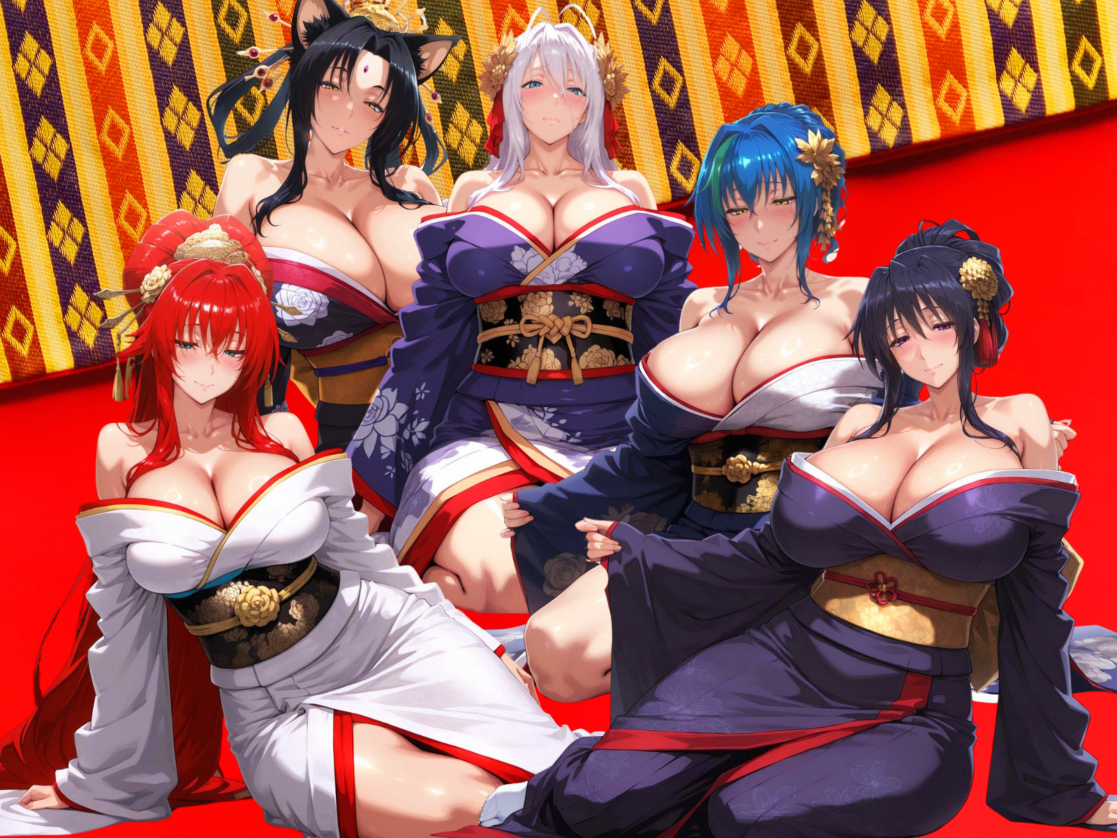 Rule34 – ai_generated big_breasts black_hair blue_hair blush breasts huge_breasts imminent_sex kimono nervous red_hair take_your_pick white_hair